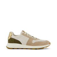 TRVL LITE Retro Runner Sneaker Water Repellant Oatmeal Suede and Metallic Leather - Side View